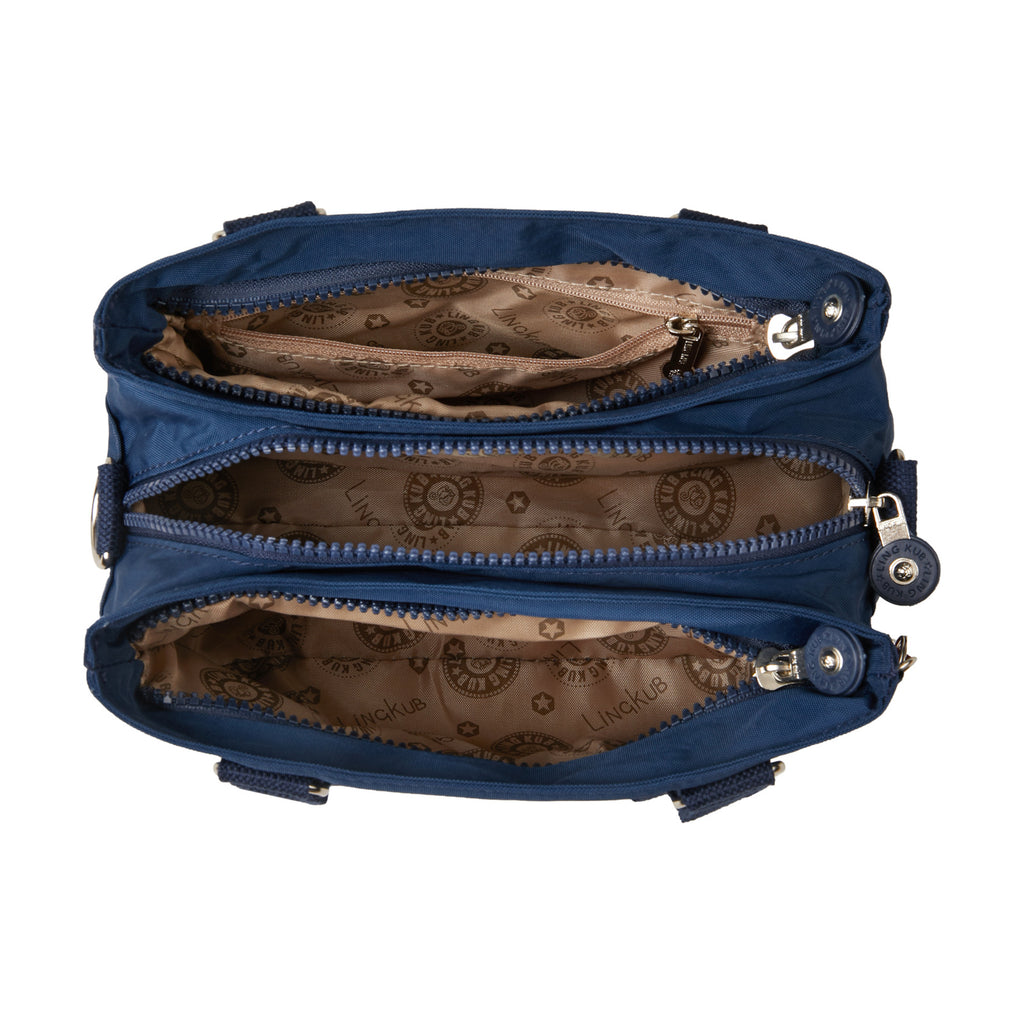 LING KUB KB-2251 navy bag opened to show three zippered sections and patterned lining