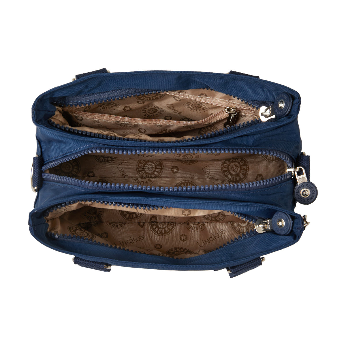 LING KUB KB-2251 navy bag opened to show three zippered sections and patterned lining