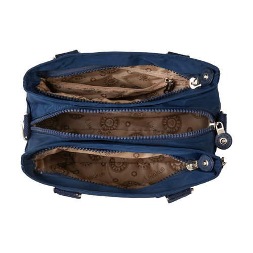 LING KUB KB-2251 navy bag opened to show three zippered sections and patterned lining