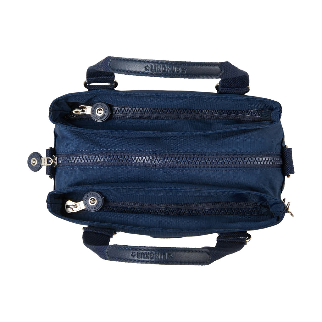 LING KUB KB-2251 navy handbag top view showing separate zippered compartments