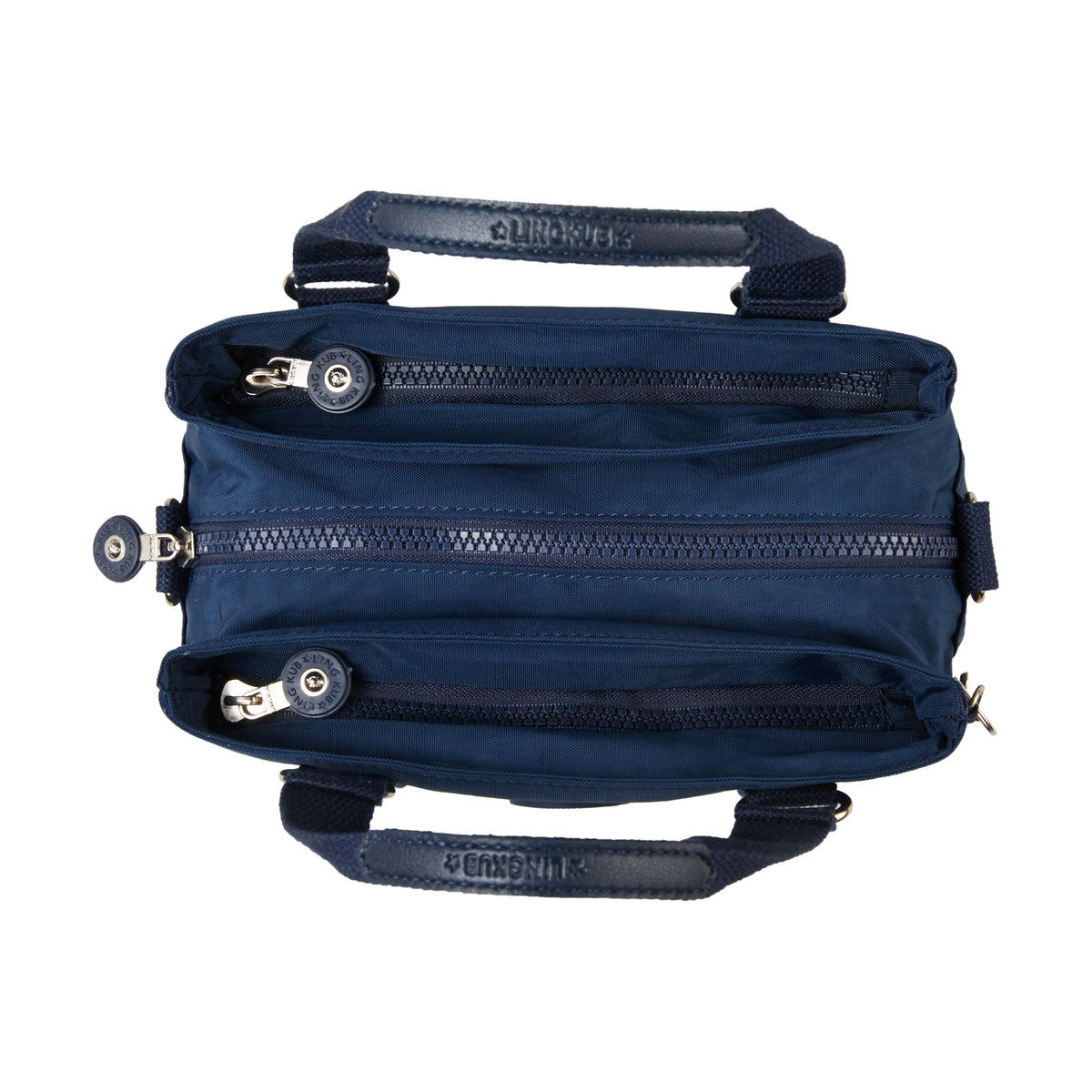 LING KUB KB-2251 navy handbag top view showing separate zippered compartments